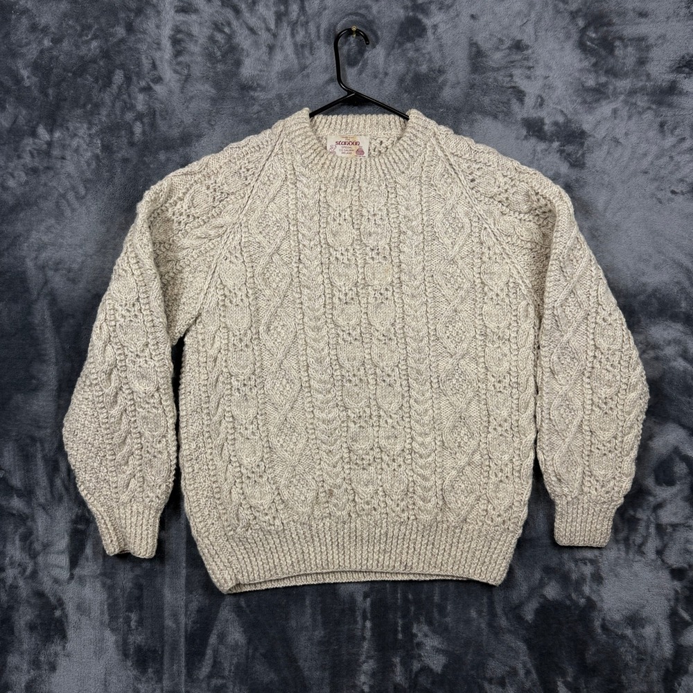 Standun Cable Knit Sweater Mens L Oatmeal Beige Wool Fisherman Irish Made